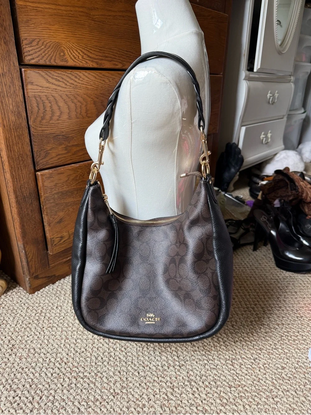Coach Brown and Black Signature Jules Hobo with Gold Hardware